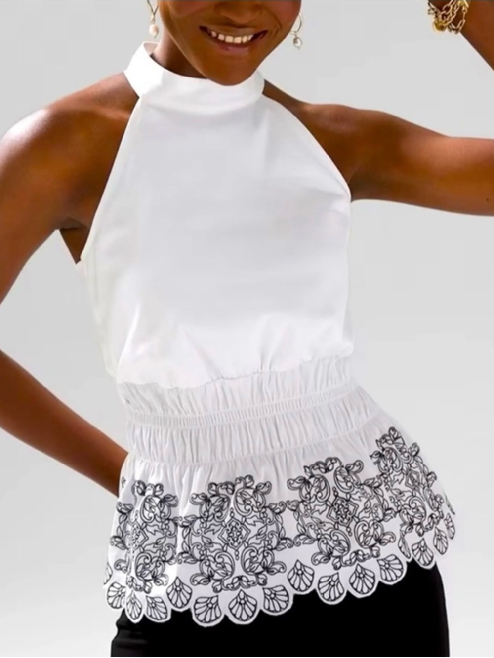 White House Black Market Size 10 Mock Neck Halter Top Embroidered Scallop Hem
